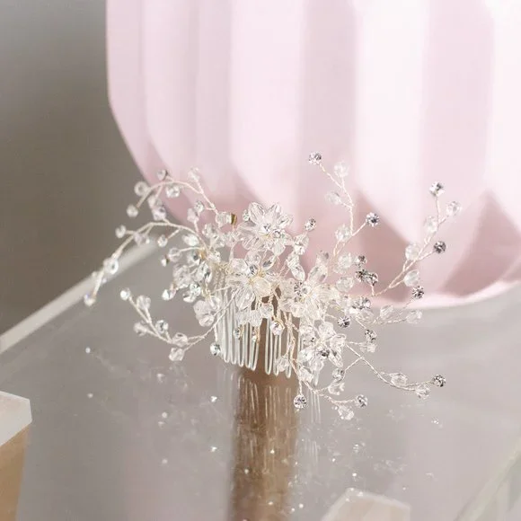 Ethereal Hand Wired Hair Piece Beaded Crystal Rhinestones Flower Wedding Bridal - Picture 3 of 4